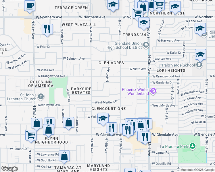 map of restaurants, bars, coffee shops, grocery stores, and more near 7317 North 46th Drive in Glendale