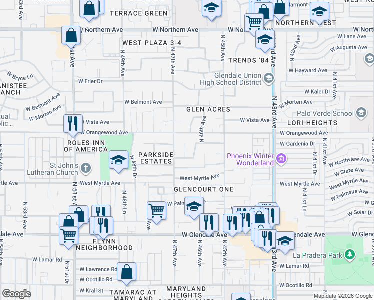 map of restaurants, bars, coffee shops, grocery stores, and more near 7314 North 46th Circle in Glendale
