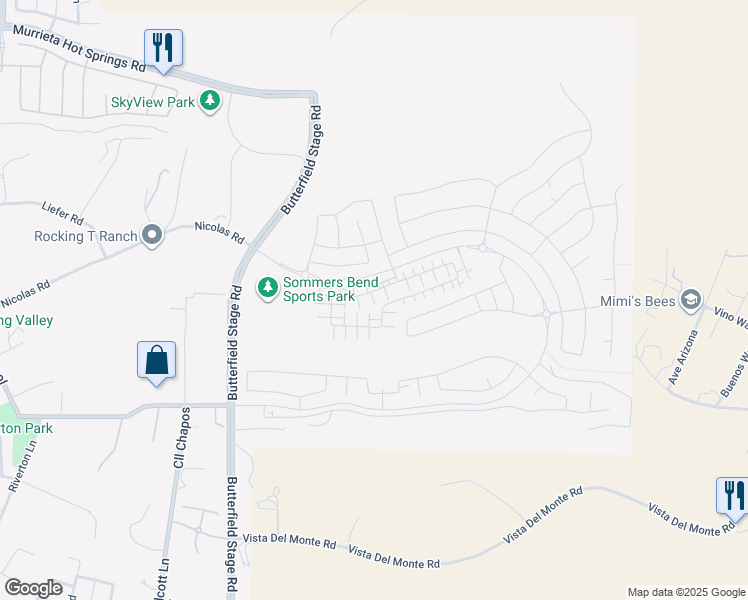 map of restaurants, bars, coffee shops, grocery stores, and more near 32425 North Loop Drive in Temecula