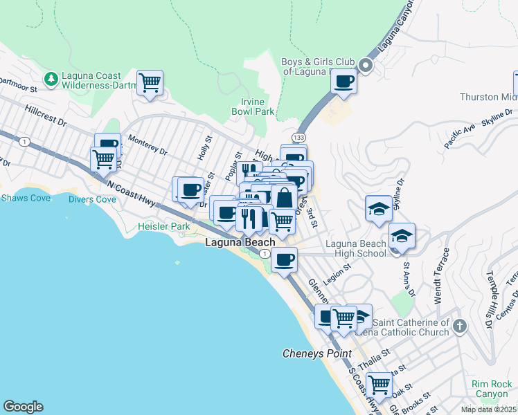 map of restaurants, bars, coffee shops, grocery stores, and more near 177 Lower Cliff Drive in Laguna Beach