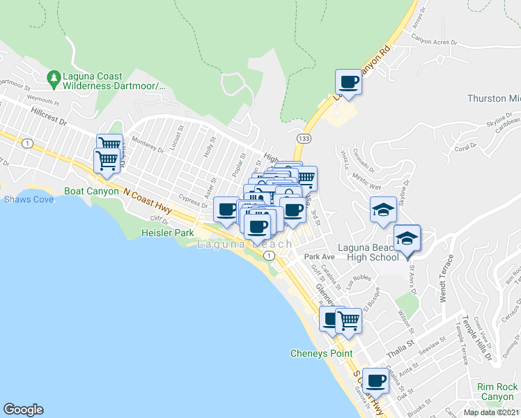 map of restaurants, bars, coffee shops, grocery stores, and more near 177 Lower Cliff Drive in Laguna Beach