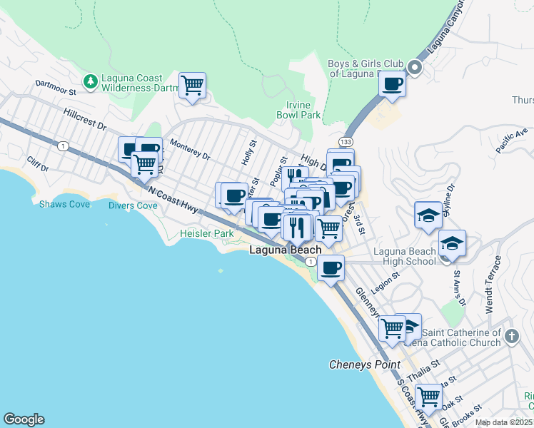map of restaurants, bars, coffee shops, grocery stores, and more near 245 Cypress Drive in Laguna Beach