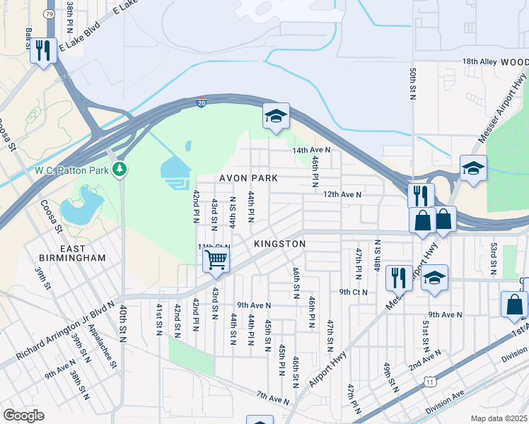 map of restaurants, bars, coffee shops, grocery stores, and more near 1120 45th Street North in Birmingham
