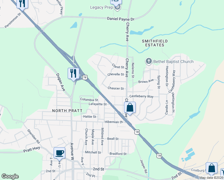 map of restaurants, bars, coffee shops, grocery stores, and more near 1459 Chaucer Street in Birmingham