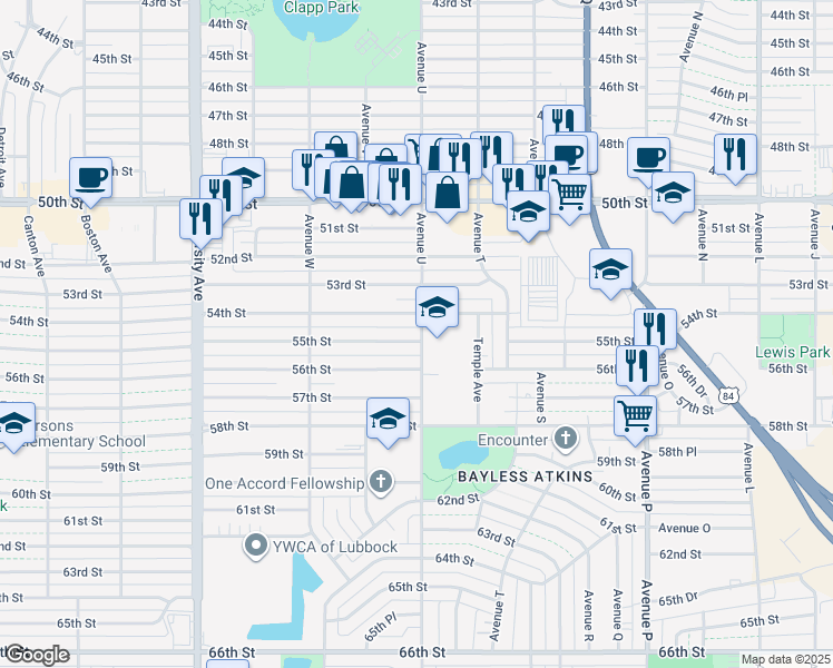 map of restaurants, bars, coffee shops, grocery stores, and more near 2102 55th Street in Lubbock