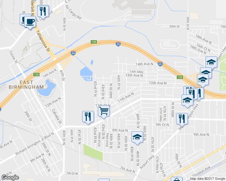 map of restaurants, bars, coffee shops, grocery stores, and more near 1217 44th Street North in Birmingham