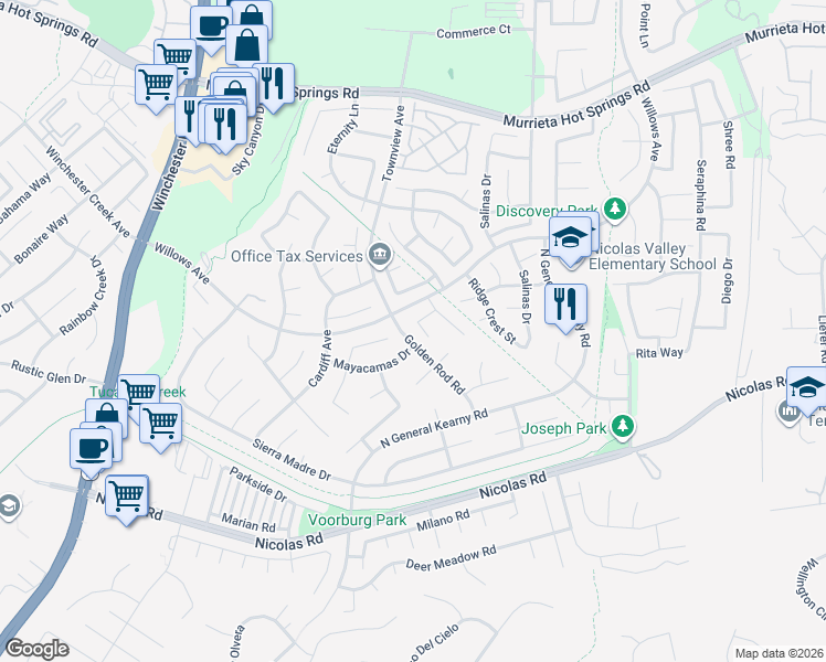map of restaurants, bars, coffee shops, grocery stores, and more near 39513 Chappellet Circle in Murrieta