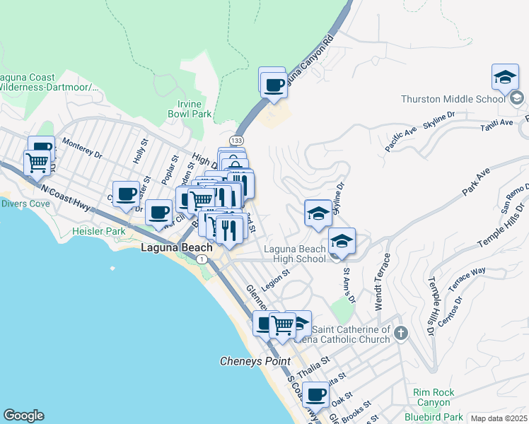 map of restaurants, bars, coffee shops, grocery stores, and more near 330 Y Place in Laguna Beach