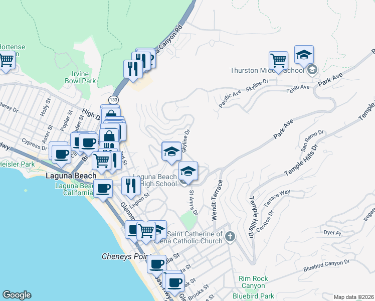map of restaurants, bars, coffee shops, grocery stores, and more near 1076 Skyline Drive in Laguna Beach