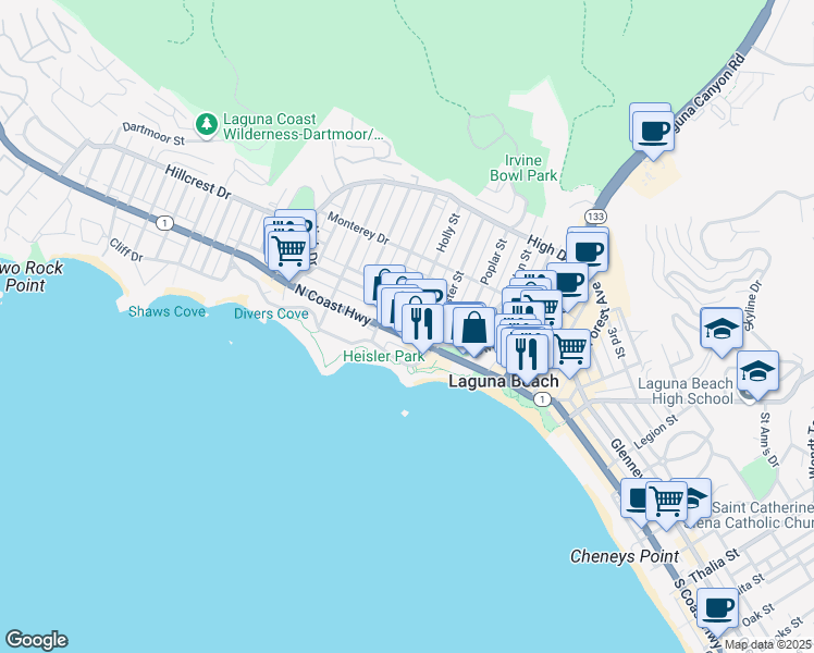 map of restaurants, bars, coffee shops, grocery stores, and more near 353 Cedar Way in Laguna Beach