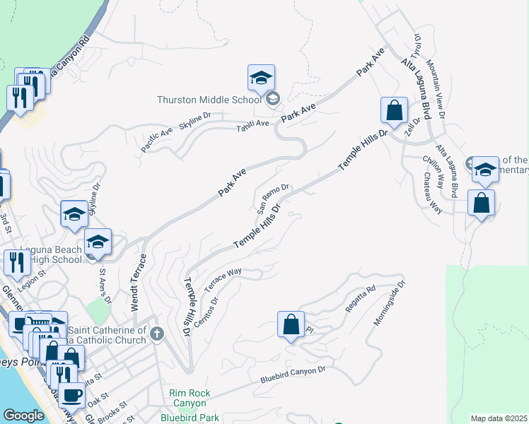 map of restaurants, bars, coffee shops, grocery stores, and more near 1961 San Remo Drive in Laguna Beach