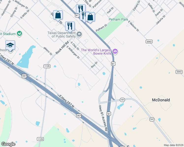 map of restaurants, bars, coffee shops, grocery stores, and more near 908 East Wilbarger Street in Bowie