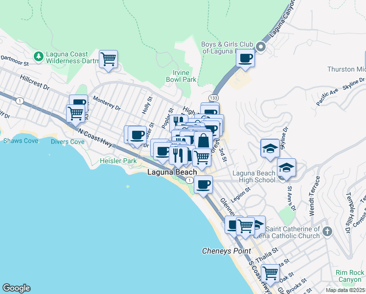 map of restaurants, bars, coffee shops, grocery stores, and more near 177 Lower Cliff Drive in Laguna Beach