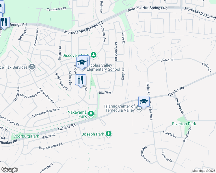 map of restaurants, bars, coffee shops, grocery stores, and more near 39673 Meadow View Circle in Temecula