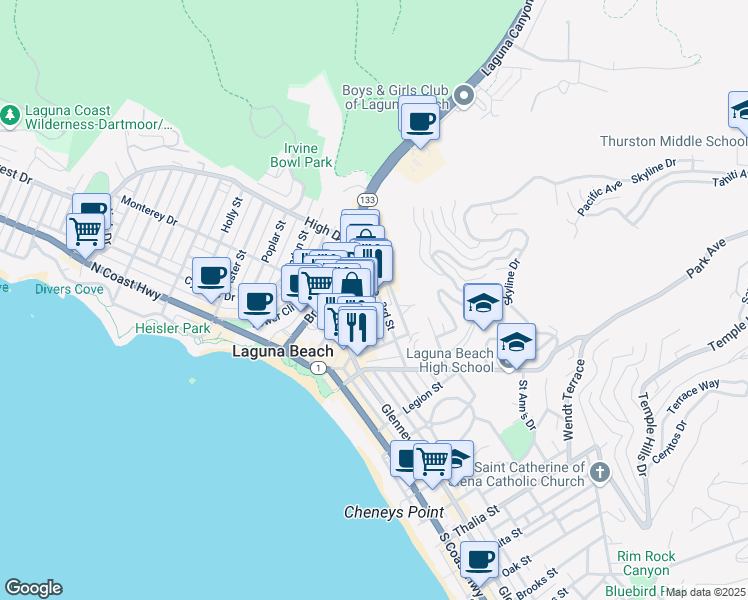 map of restaurants, bars, coffee shops, grocery stores, and more near 465 Forest Avenue in Laguna Beach