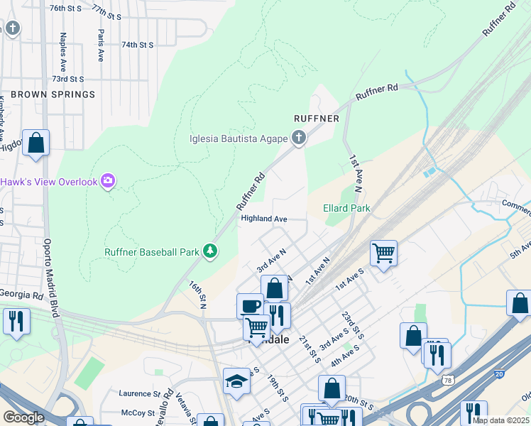 map of restaurants, bars, coffee shops, grocery stores, and more near 2228 Highland Avenue in Irondale