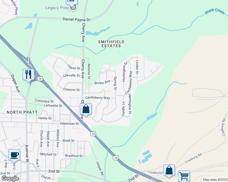 map of restaurants, bars, coffee shops, grocery stores, and more near 714 Spring Street in Birmingham