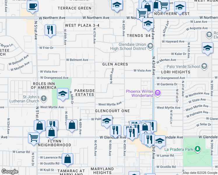 map of restaurants, bars, coffee shops, grocery stores, and more near 7317 North 46th Drive in Glendale