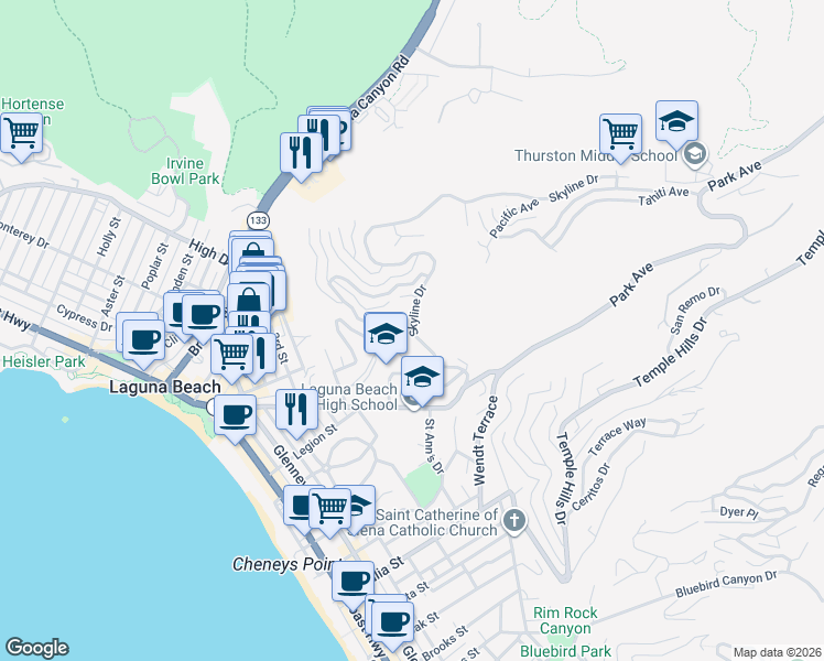 map of restaurants, bars, coffee shops, grocery stores, and more near 1061 Skyline Drive in Laguna Beach