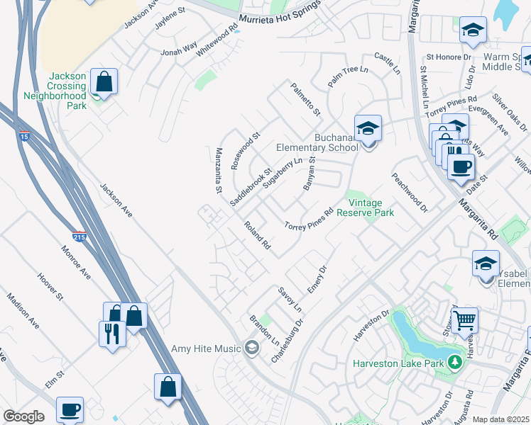 map of restaurants, bars, coffee shops, grocery stores, and more near 26422 John Adams Street in Murrieta