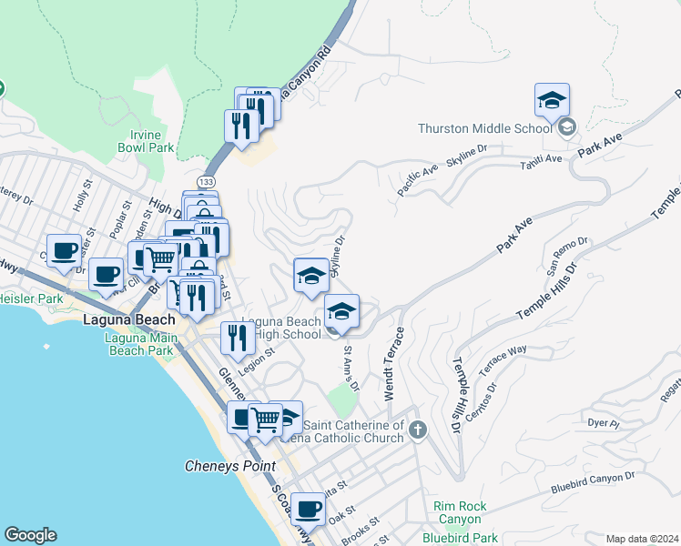 map of restaurants, bars, coffee shops, grocery stores, and more near 1076 Skyline Drive in Laguna Beach