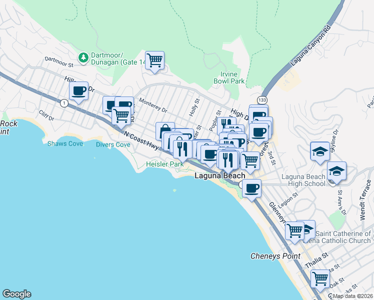 map of restaurants, bars, coffee shops, grocery stores, and more near 280 Aster Street in Laguna Beach