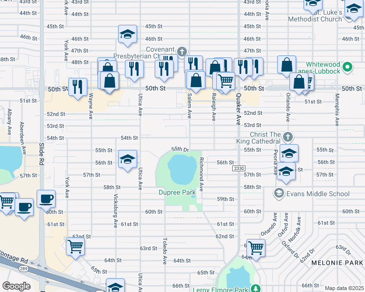 map of restaurants, bars, coffee shops, grocery stores, and more near 4606 55th Street in Lubbock