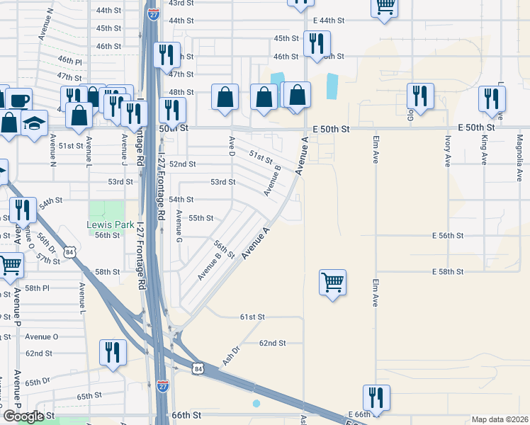 map of restaurants, bars, coffee shops, grocery stores, and more near 206 54th Street in Lubbock