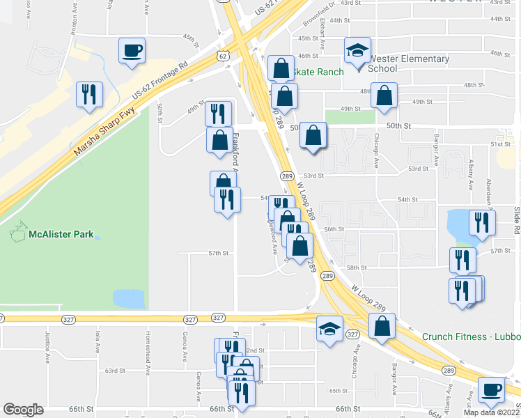 map of restaurants, bars, coffee shops, grocery stores, and more near 5310 Englewood Avenue in Lubbock