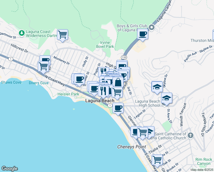 map of restaurants, bars, coffee shops, grocery stores, and more near 189 Lower Cliff Drive in Laguna Beach