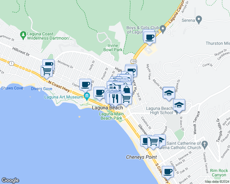 map of restaurants, bars, coffee shops, grocery stores, and more near 189 Lower Cliff Drive in Laguna Beach