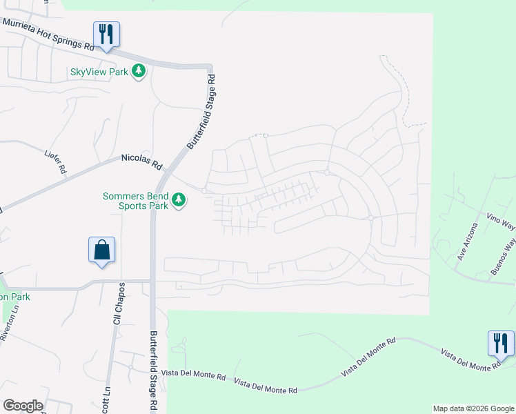 map of restaurants, bars, coffee shops, grocery stores, and more near 32561 Brunello Way in Temecula