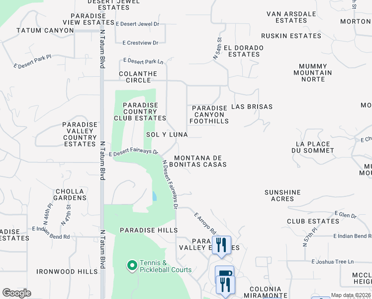 map of restaurants, bars, coffee shops, grocery stores, and more near 7441 North Las Brisas Lane in Paradise Valley