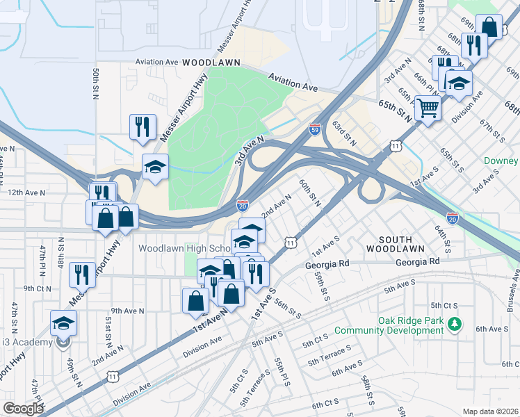 map of restaurants, bars, coffee shops, grocery stores, and more near 204 58th Street North in Birmingham
