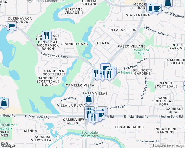 map of restaurants, bars, coffee shops, grocery stores, and more near 7417 North Vía Camello Del Norte in Scottsdale