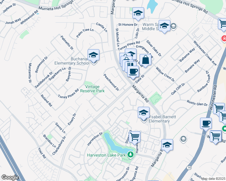 map of restaurants, bars, coffee shops, grocery stores, and more near 26742 Trafalgar Way in Murrieta