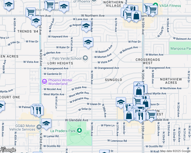 map of restaurants, bars, coffee shops, grocery stores, and more near 7340 North 39th Avenue in Phoenix