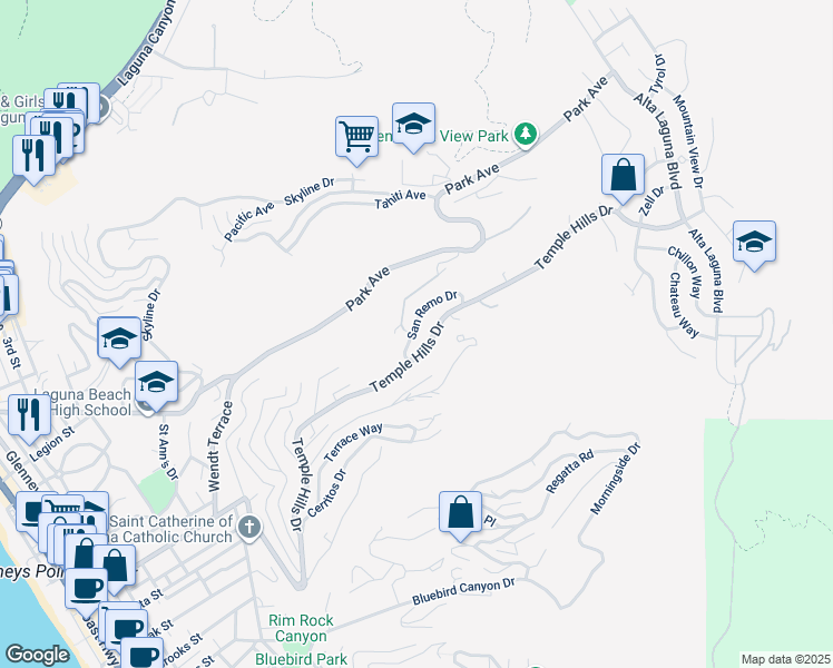 map of restaurants, bars, coffee shops, grocery stores, and more near 1961 San Remo Drive in Laguna Beach