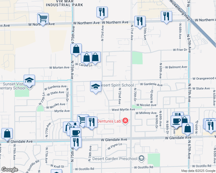 map of restaurants, bars, coffee shops, grocery stores, and more near 7261 West Gardenia Avenue in Glendale