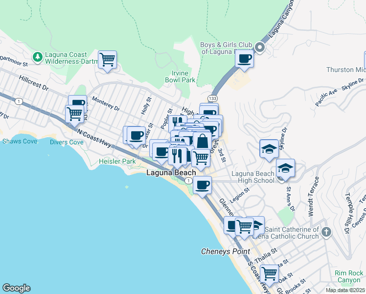 map of restaurants, bars, coffee shops, grocery stores, and more near 189 Lower Cliff Drive in Laguna Beach