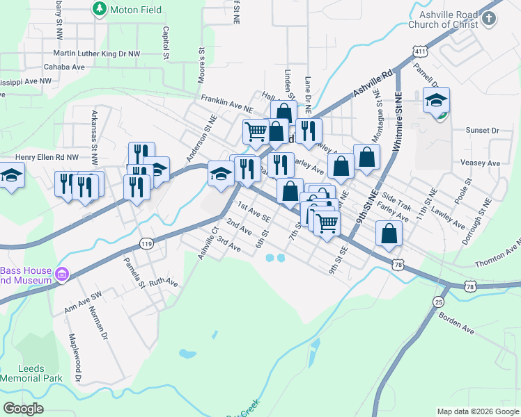 map of restaurants, bars, coffee shops, grocery stores, and more near 8344 1st Avenue Southeast in Leeds