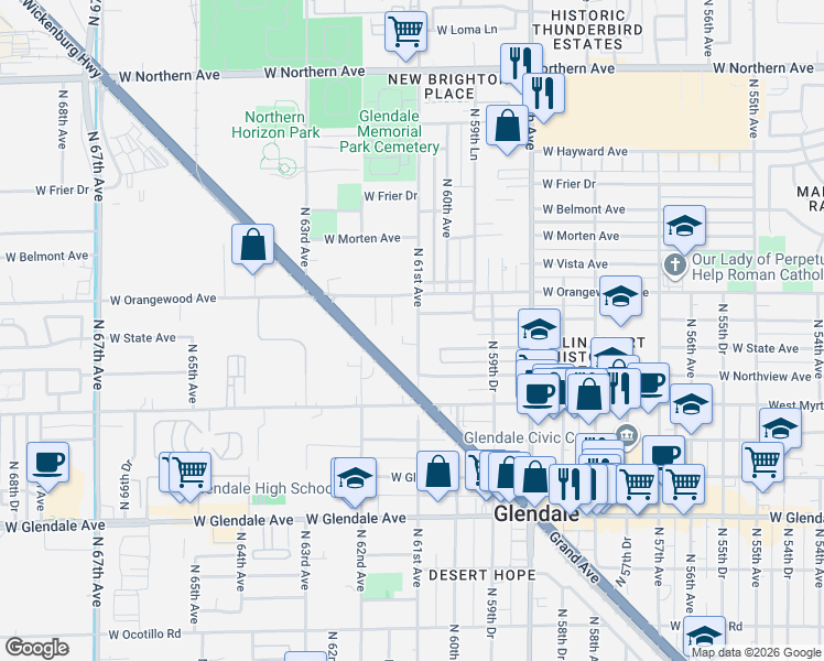 map of restaurants, bars, coffee shops, grocery stores, and more near 7316 North 61st Avenue in Glendale