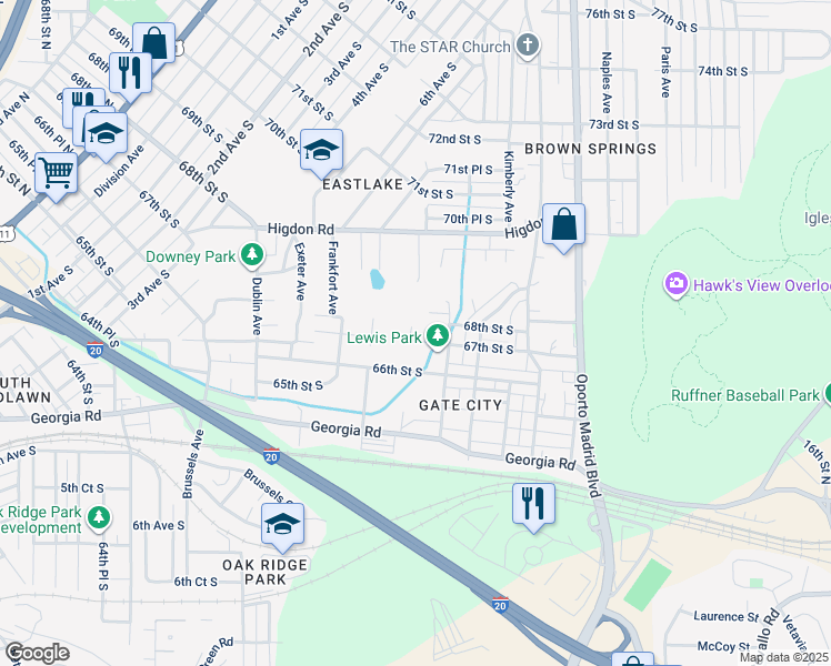 map of restaurants, bars, coffee shops, grocery stores, and more near 7400 67th Street South in Birmingham