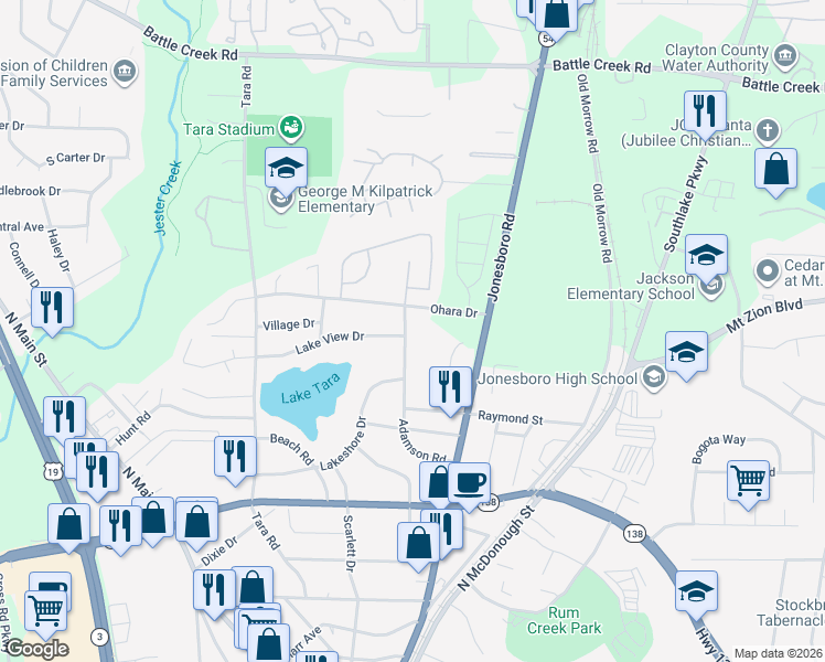 map of restaurants, bars, coffee shops, grocery stores, and more near 7684 Adamson Road in Jonesboro
