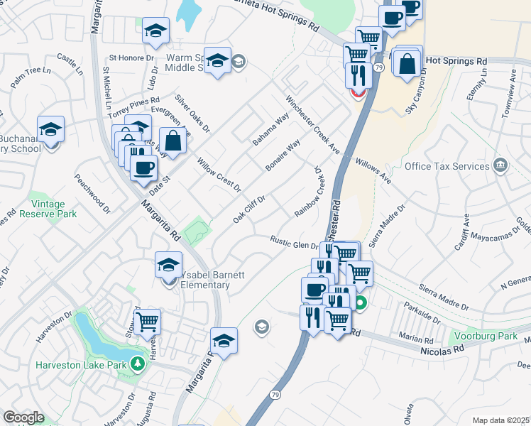 map of restaurants, bars, coffee shops, grocery stores, and more near 39600 Long Ridge Drive in Temecula