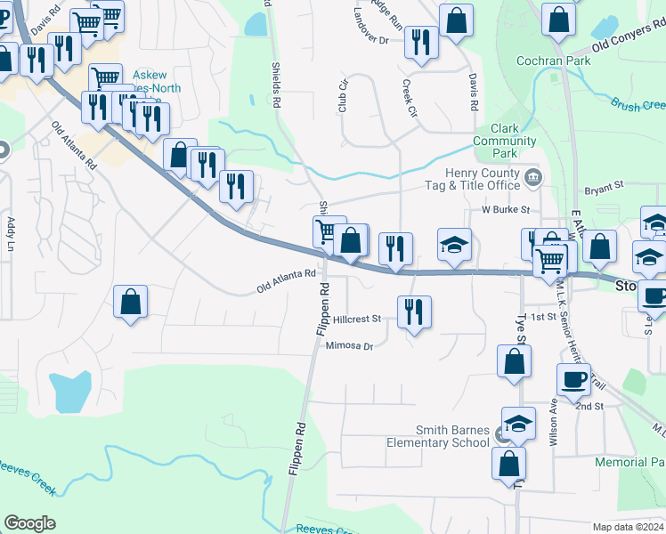 map of restaurants, bars, coffee shops, grocery stores, and more near 5047 North Henry Boulevard in Stockbridge