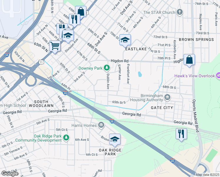 map of restaurants, bars, coffee shops, grocery stores, and more near 6801 Dublin Court in Birmingham