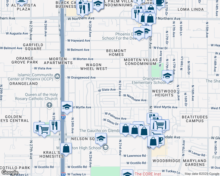 map of restaurants, bars, coffee shops, grocery stores, and more near 2132 W State Ave in Phoenix