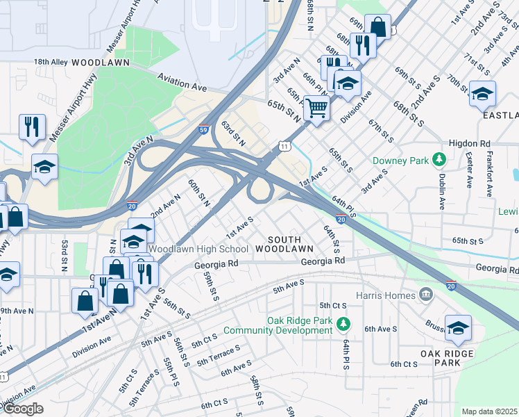 map of restaurants, bars, coffee shops, grocery stores, and more near 6112 1st Avenue South in Birmingham