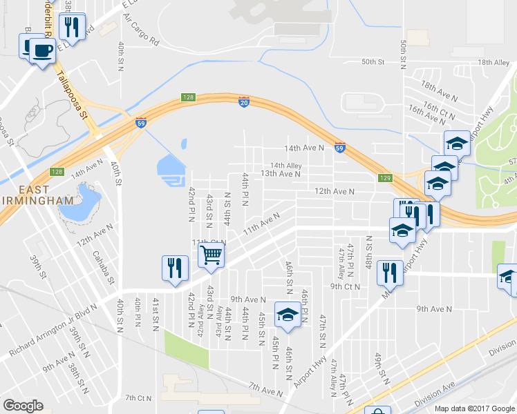 map of restaurants, bars, coffee shops, grocery stores, and more near 1120 45th Street North in Birmingham